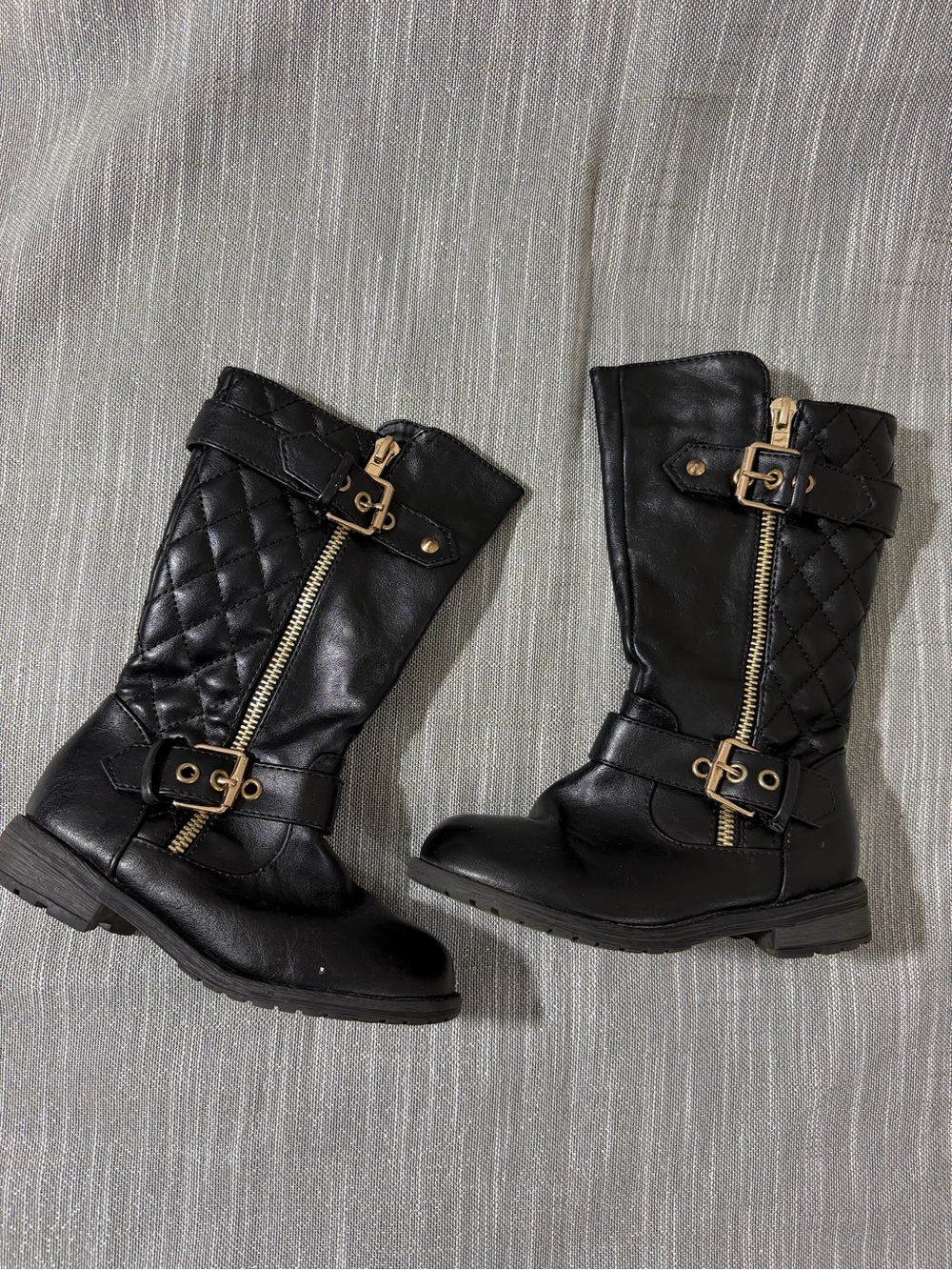 Girls Black Quilted Mid-Calf Boots with Gold Hardware